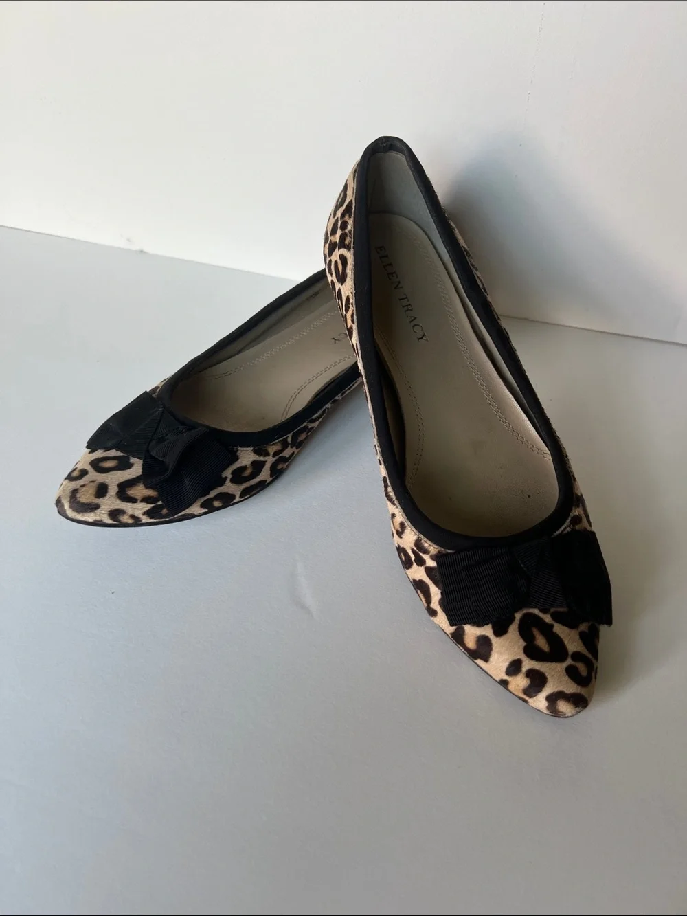 Ellen Tracy Leopard-Print Pointed-Toe Flats with Black Bow